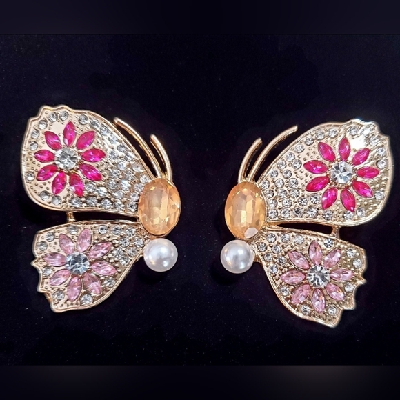 Large Retro Gold Plated Muticolor Crystal flower butterfly earrings - Picture 12 of 16